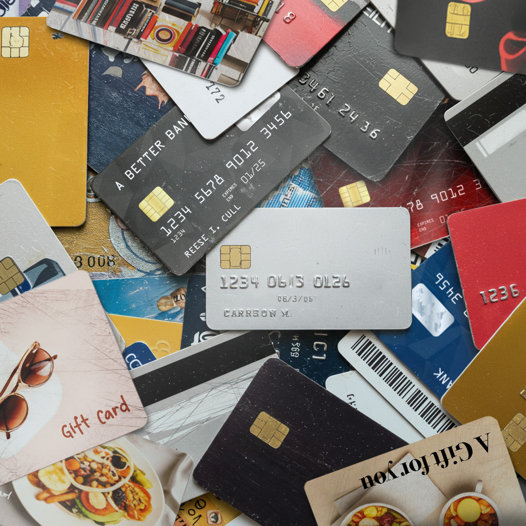 A pile of used plastic cards, including credit cards, gift cards, and membership cards, scattered on a surface