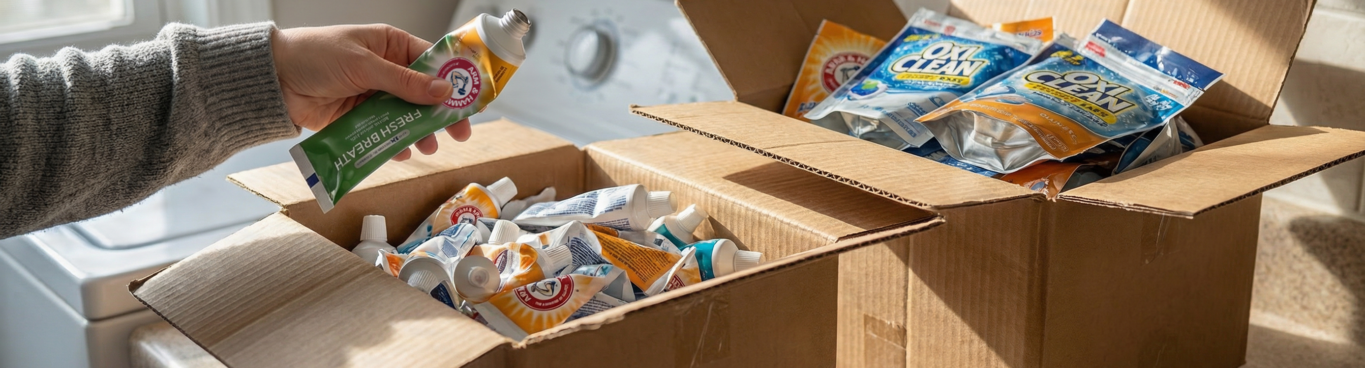 Person placing a used ARM & HAMMER toothpaste tube into a cardboard box filled with empty oral care packaging, next to a second box containing OxiClean laundry pouches in a home setting.