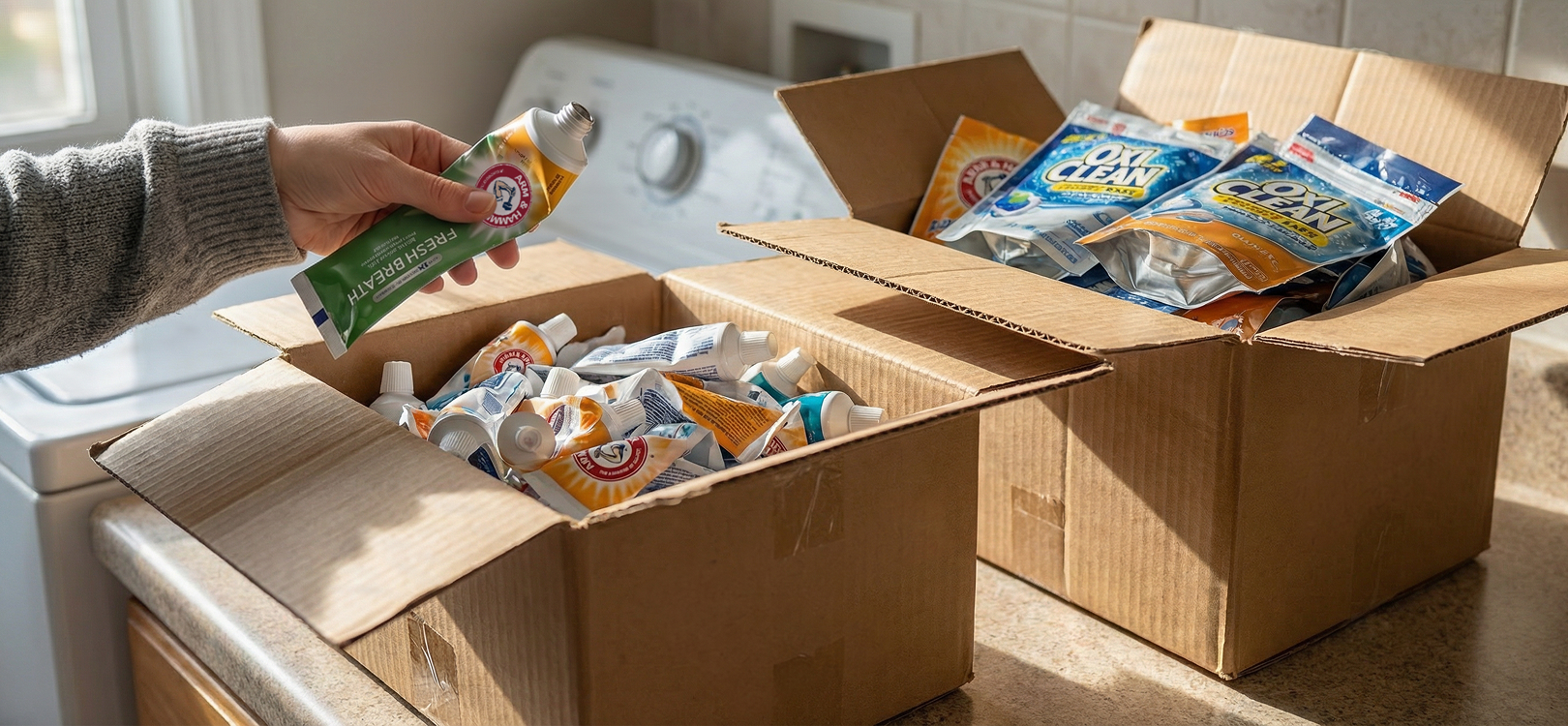 Person placing a used ARM & HAMMER toothpaste tube into a cardboard box filled with empty oral care packaging, next to a second box containing OxiClean laundry pouches in a home setting.